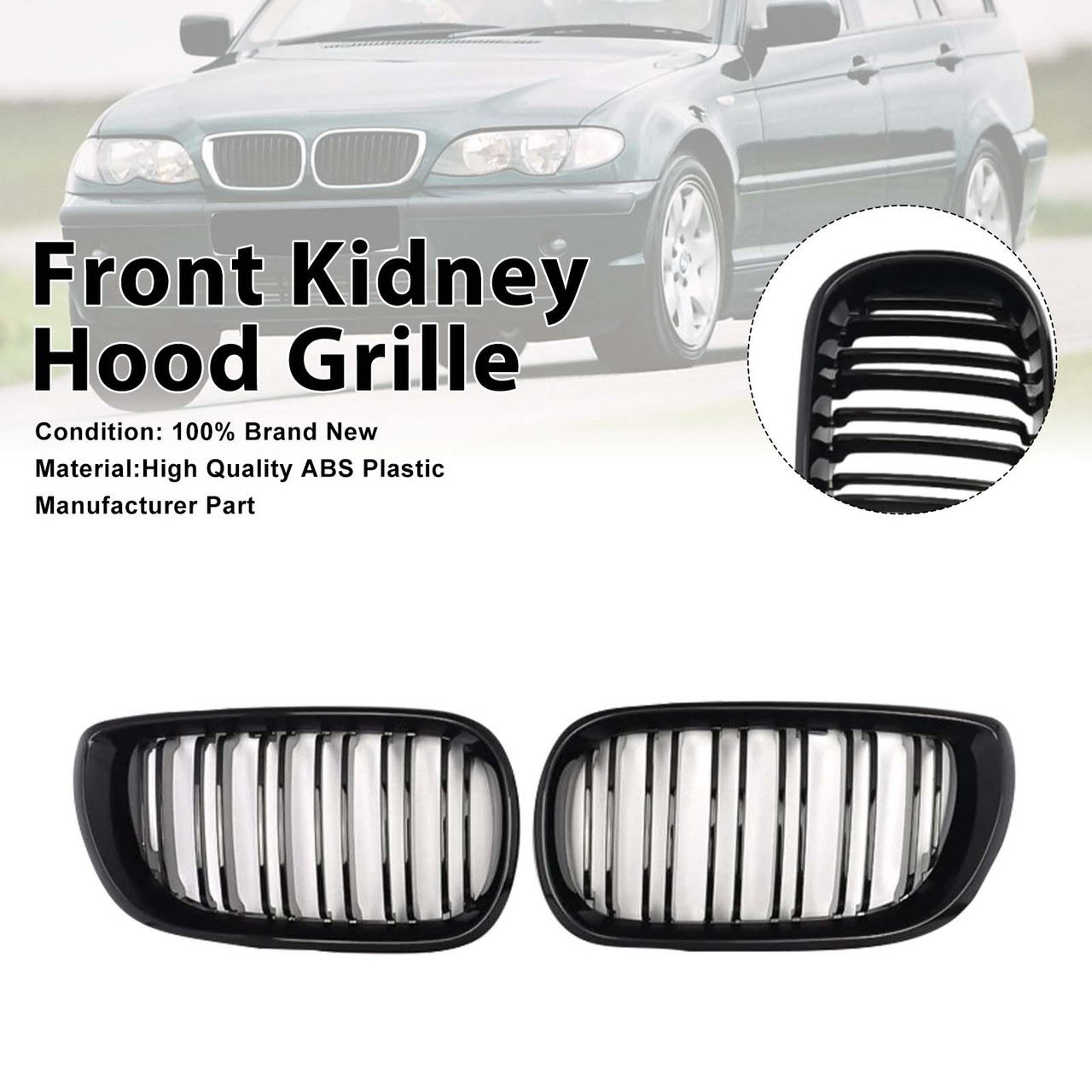 Front Kidney Hood Grille Grill For BMW E46 3 Series 4 Door 2002-2005 Gloss Black