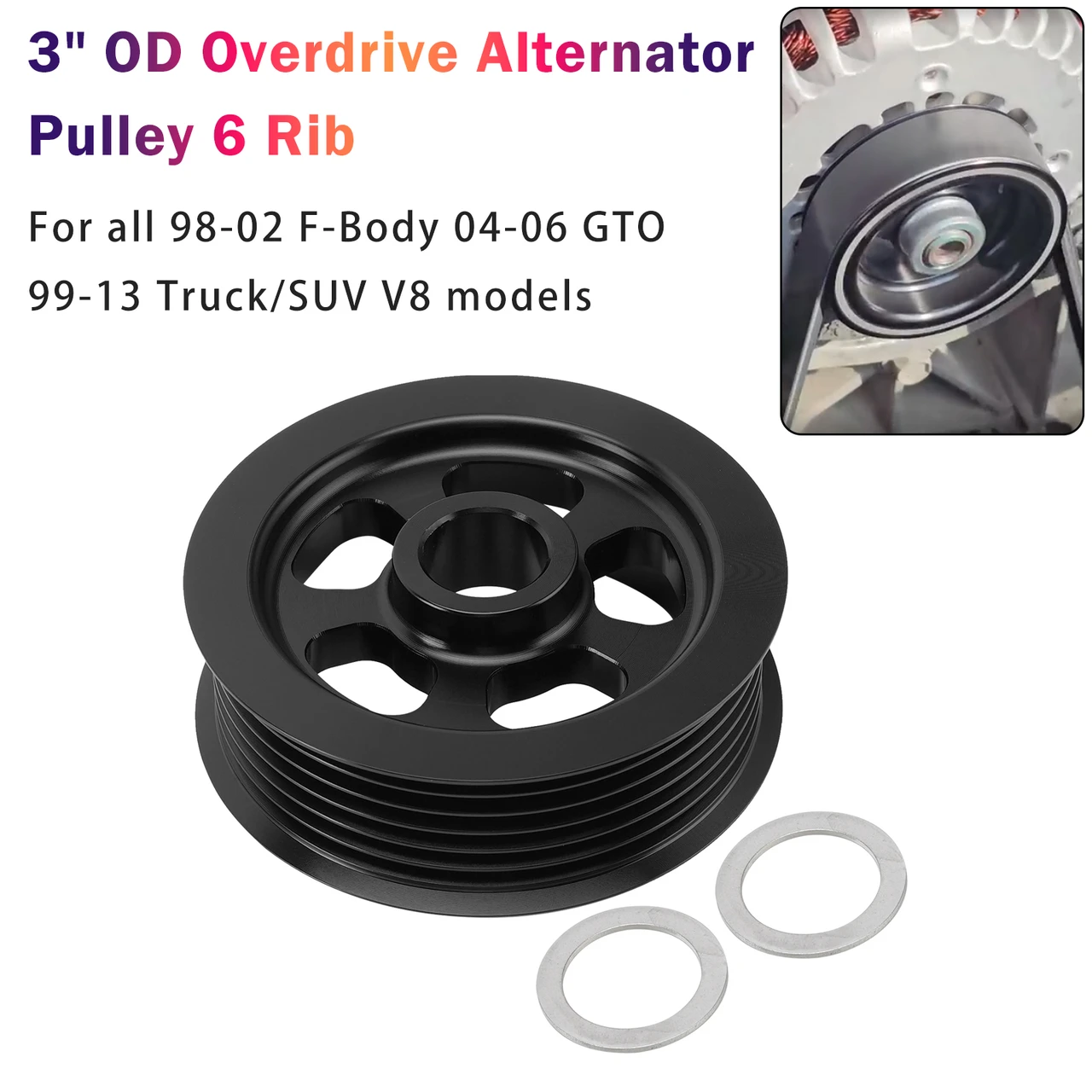 3" OD Overdrive Alternator Pulley 6 Rib Billet Aluminum For LS1 LS2 LS3 LS6