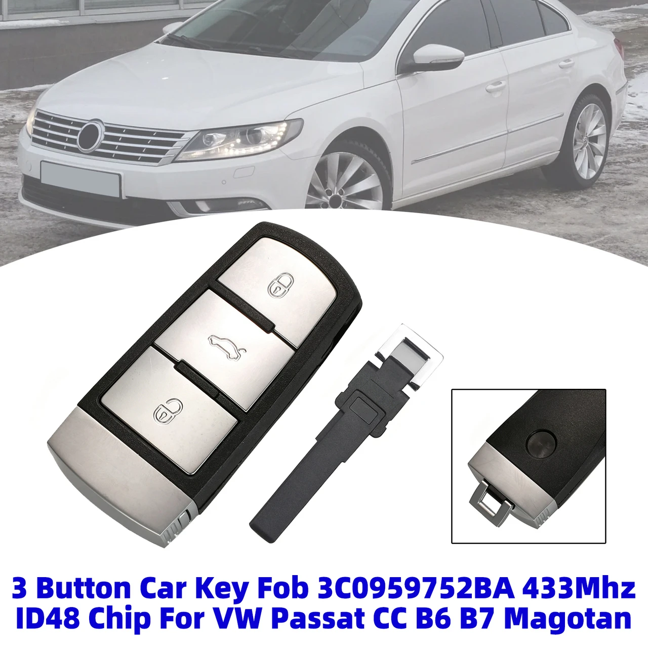 3 Button Car Key Fob 3C0959752BA 433Mhz ID48 Chip For VW Passat CC B6 B7 Magotan
