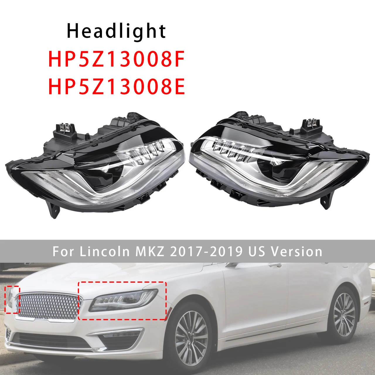 Left+Right LED Headlight W/ AFS HP5Z13008F HP5Z13008E For Lincoln MKZ 2017-2019