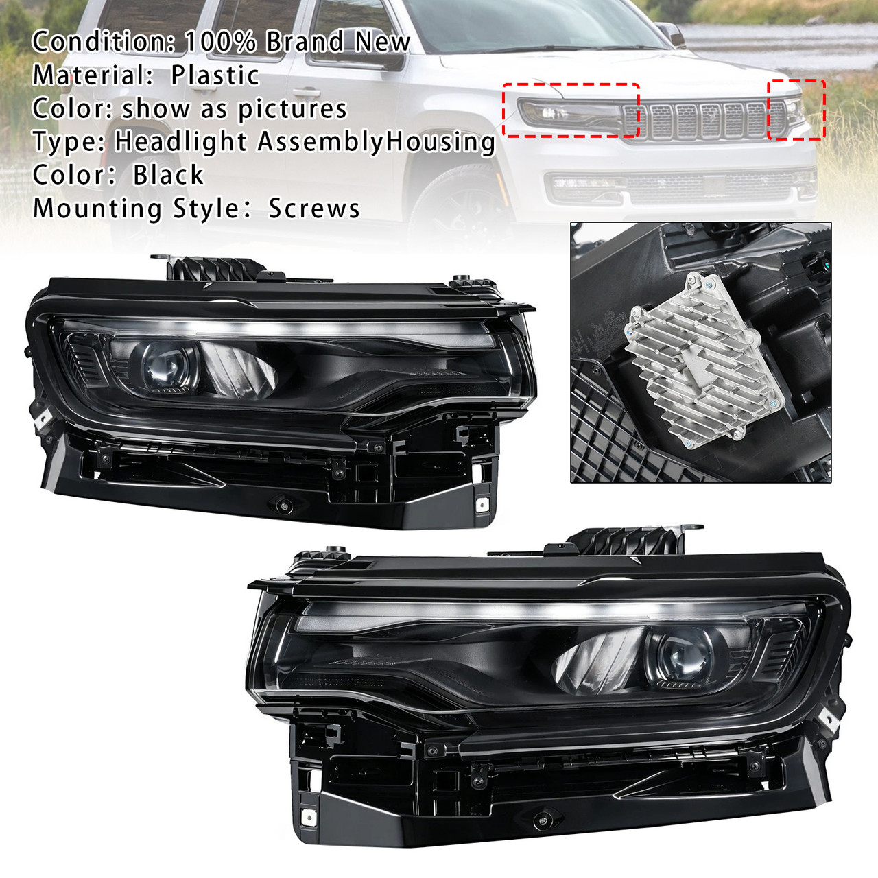 Left+Right Full LED Projector Headlight For Jeep Wagoneer 2022-2025 Black