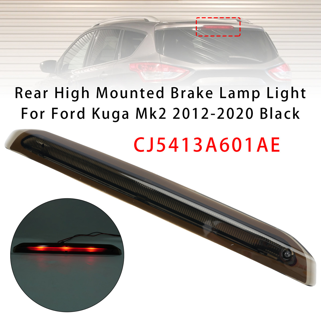 Rear High Mounted Brake Lamp Light Black For Ford Kuga Mk2 2012-2020