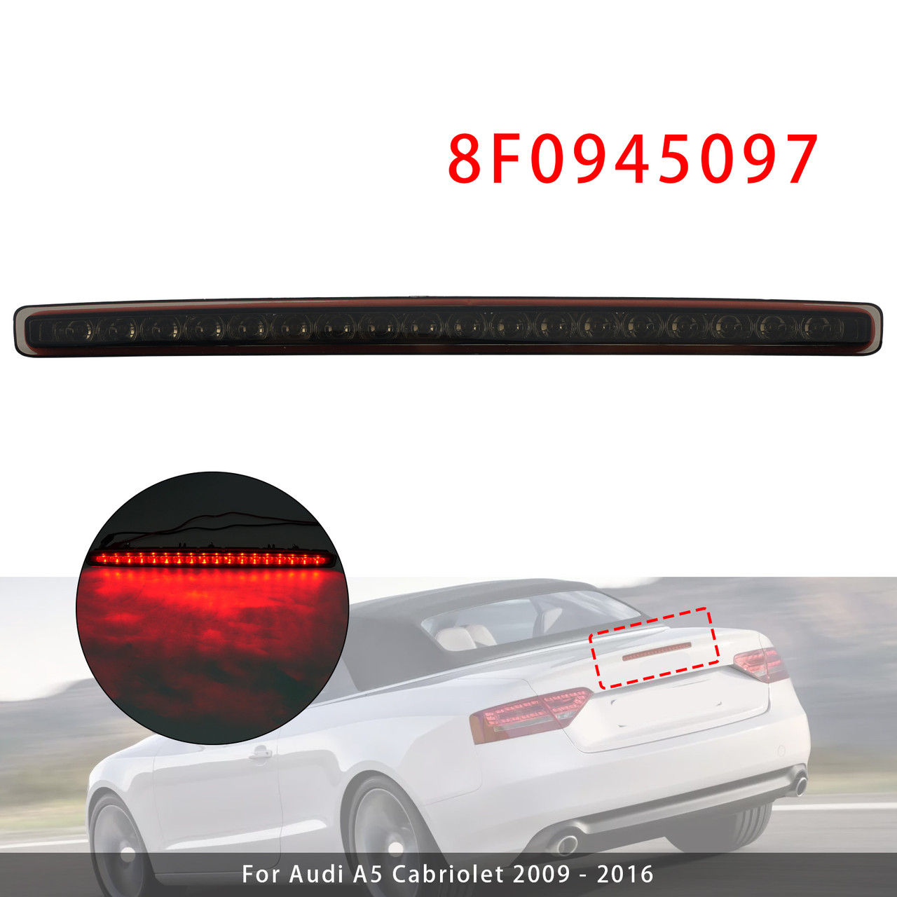 Rear Third 3Rd Brake Lamp Light 8F0945097 Black For Audi A5 Cabriolet 2009-2016