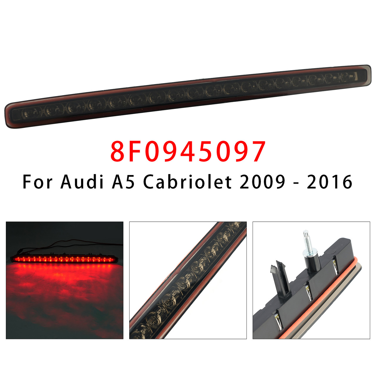 Rear Third 3Rd Brake Lamp Light 8F0945097 Black For Audi A5 Cabriolet 2009-2016