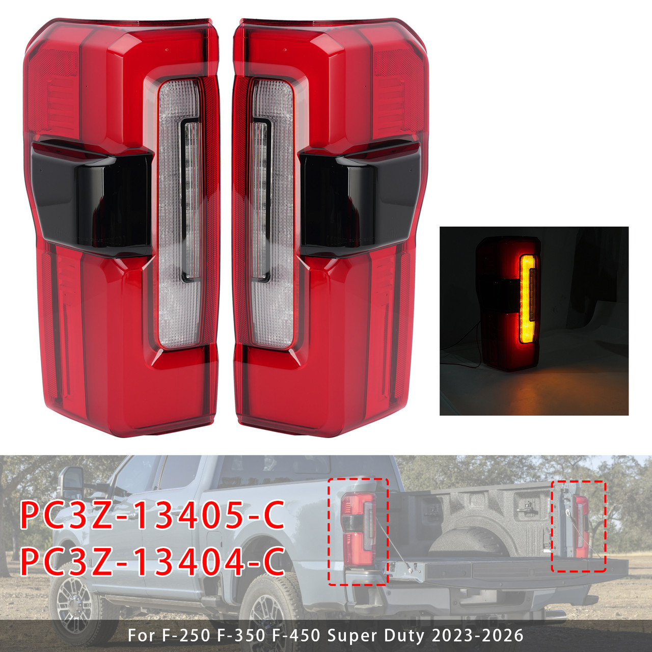 Left+Right LED Tail Light PC3Z-13405-C PC3Z-13404-C For Ford F-250 2023-2026