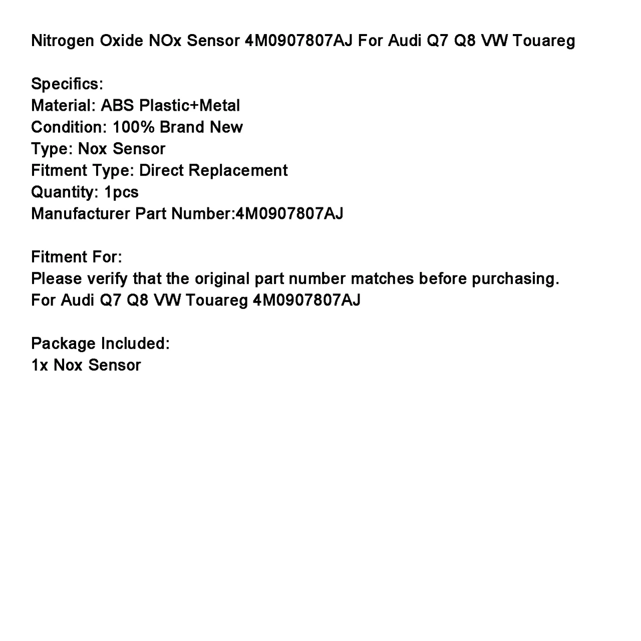 Nitrogen Oxide NOx Sensor 4M0907807AJ For Audi Q7 Q8 VW Touareg