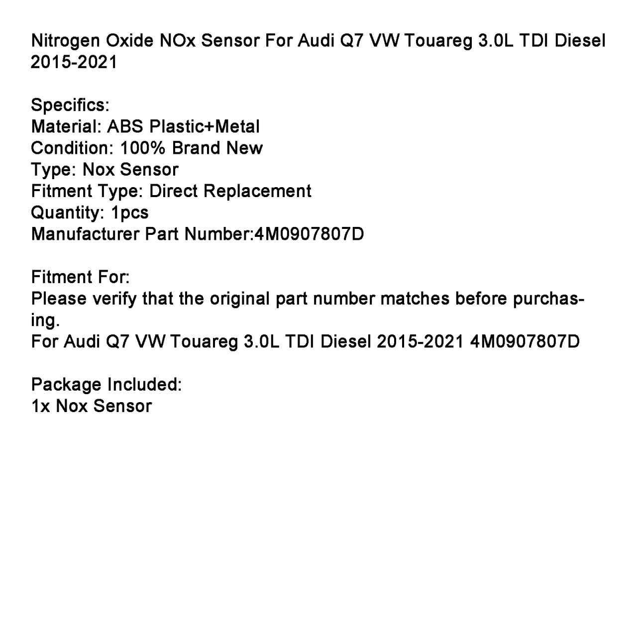 Nitrogen Oxide NOx Sensor 4M0907807D For Audi Q7 VW Touareg 3.0L 2015-2021
