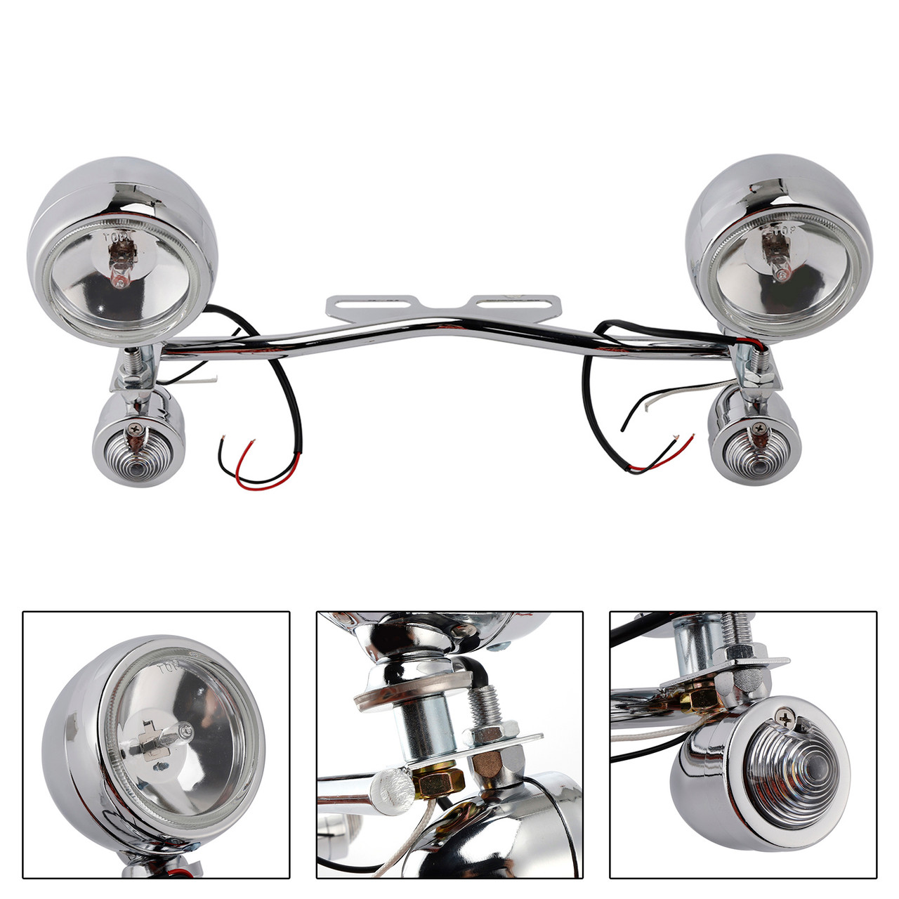 Motorcycle Beam Fog Lamp Custom Chrome W/ Bracket Fits For Racer Bobber Chopper