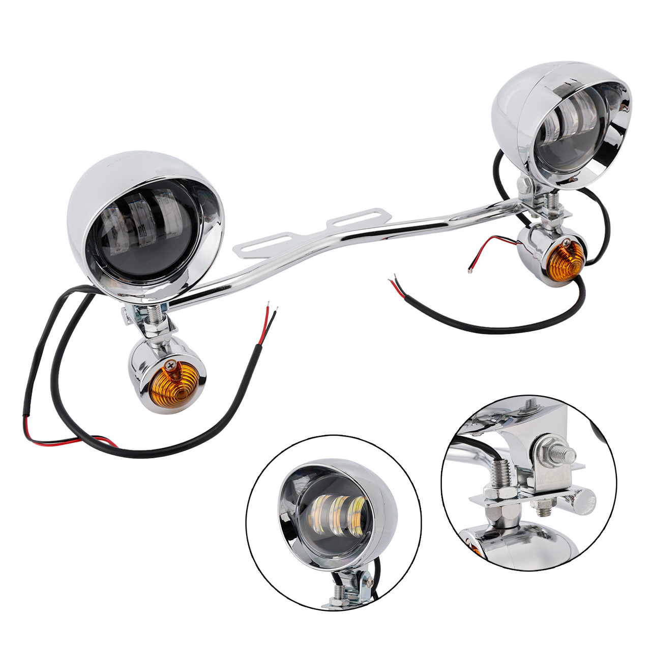 Motorcycle Beam Fog Lamp Custom Chrome W/ Bracket Led For Racer Bobber Chopper