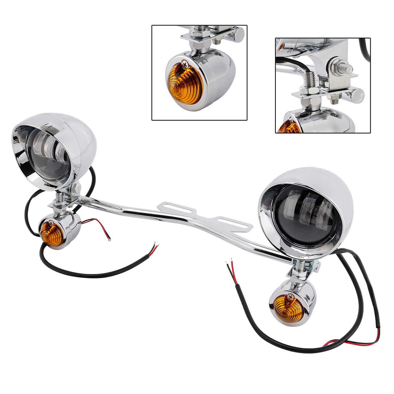 Motorcycle Beam Fog Lamp Custom Chrome W/ Bracket Led For Racer Bobber Chopper