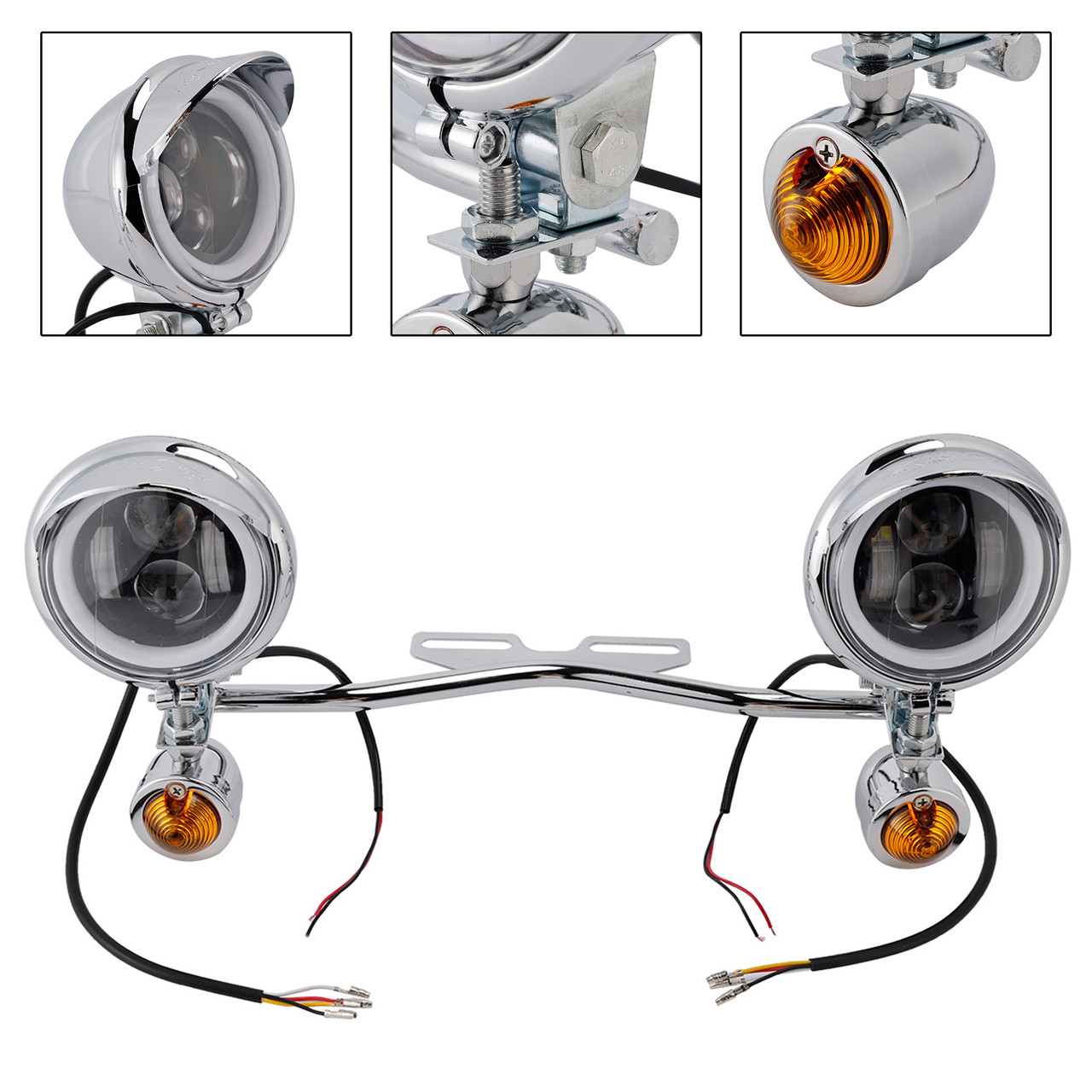 Motorcycle Beam Fog Lamp Custom Chrome W/ Bracket Fits For Racer Bobber Chopper