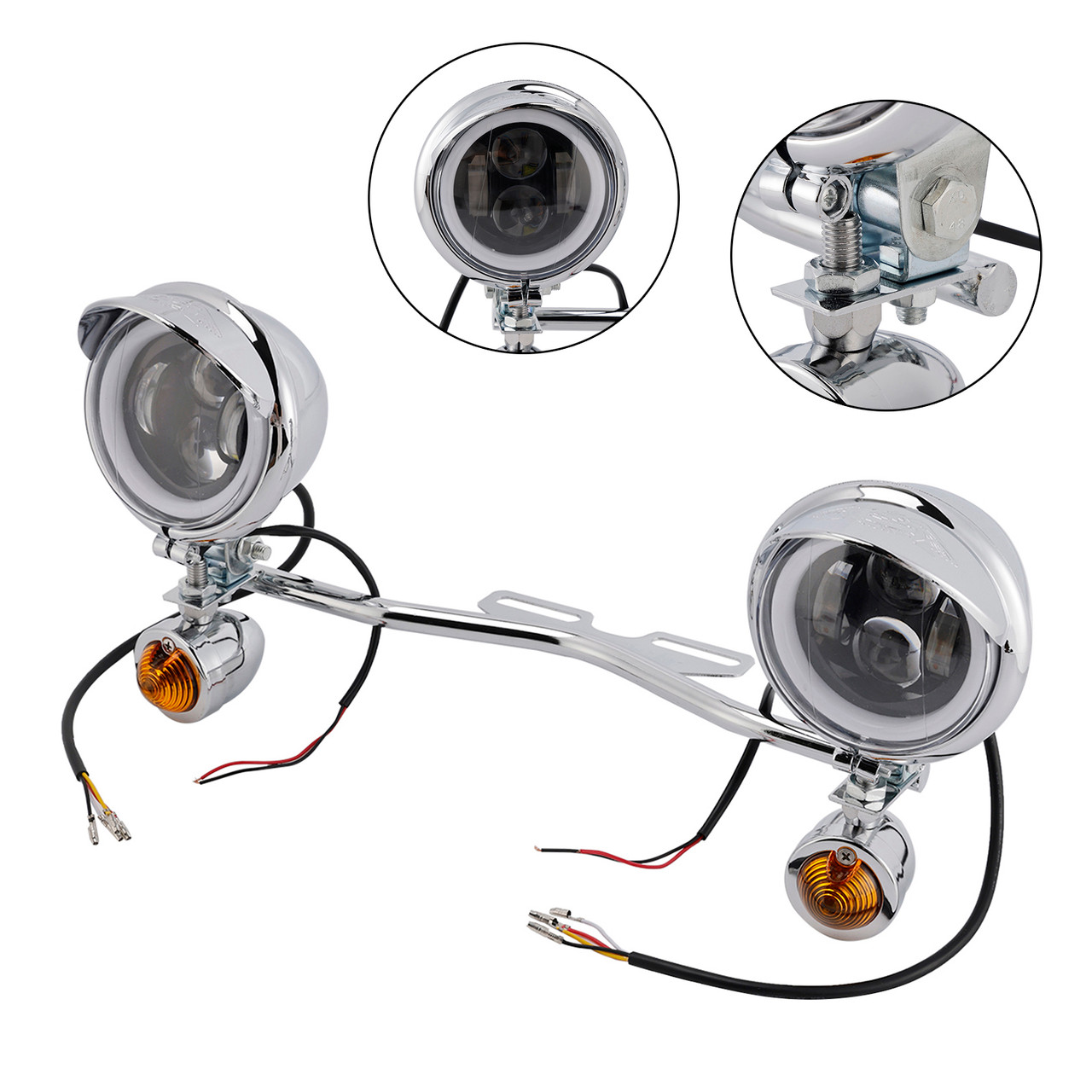 Motorcycle Beam Fog Lamp Custom Chrome W/ Bracket Fits For Racer Bobber Chopper