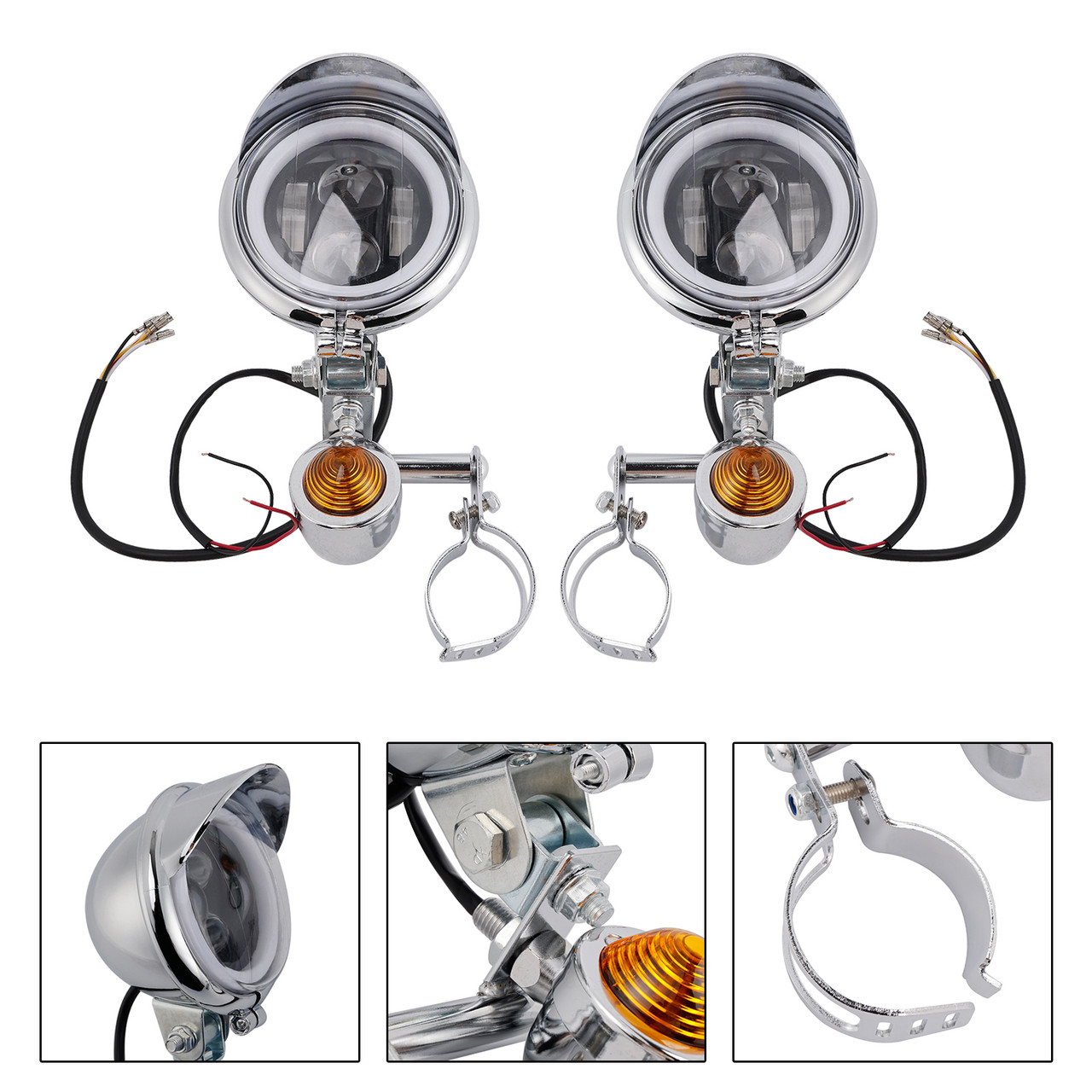 Motorcycle Beam Fog Lamp Custom Chrome W/ Bracket Fits For Racer Bobber Chopper