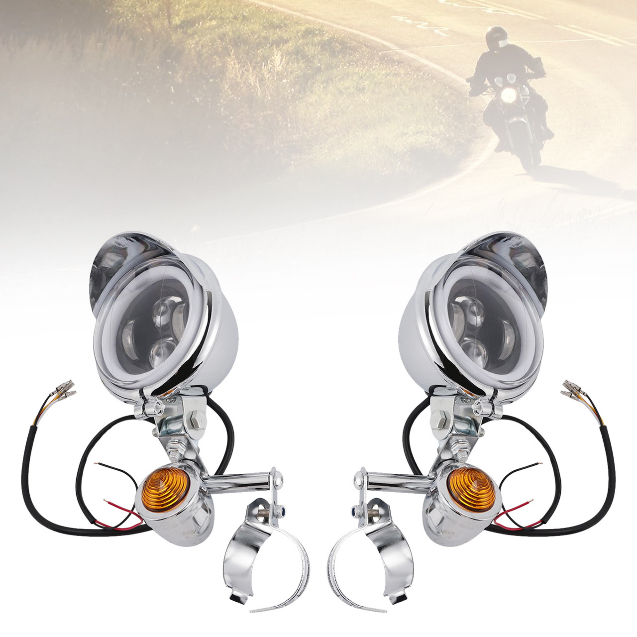 Motorcycle Beam Fog Lamp Custom Chrome W/ Bracket Fits For Racer Bobber Chopper