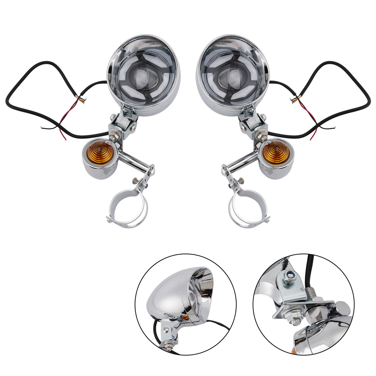 Motorcycle Beam Fog Lamp Custom Chrome W/ Bracket Fits For Racer Bobber Chopper