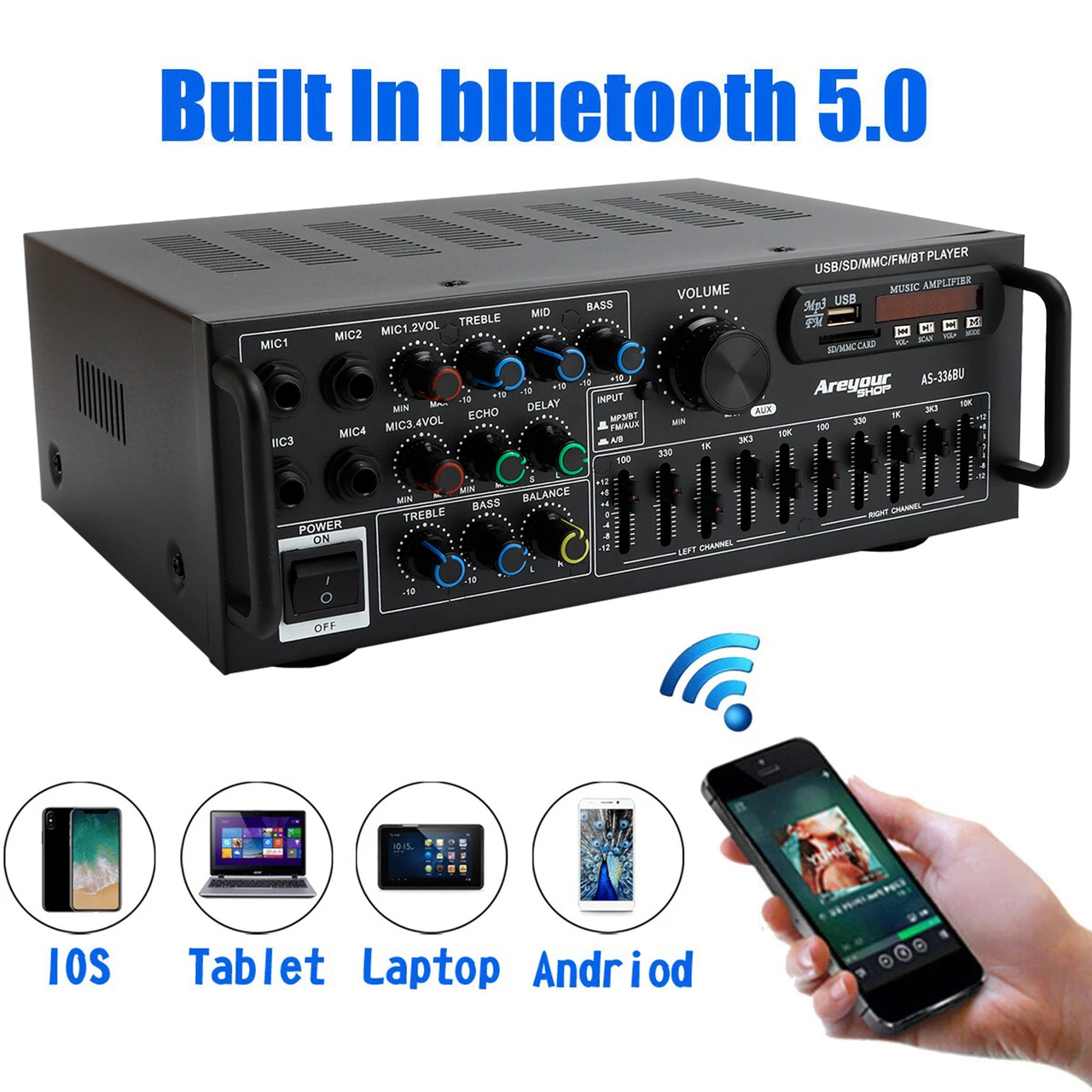Bluetooth 5.0 HiFi Sunbuck 2000W Stereo Power Amplifier Karaoke FM USB SD AUX