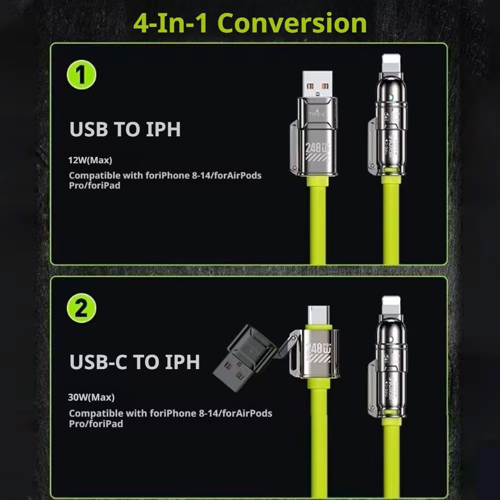 240W Fast Charging Atomic 4-in-1 Data Cable 2-in-2 Dual Type-C Cord For iPhone 5-17 And Samsung Android Phones Daily Use