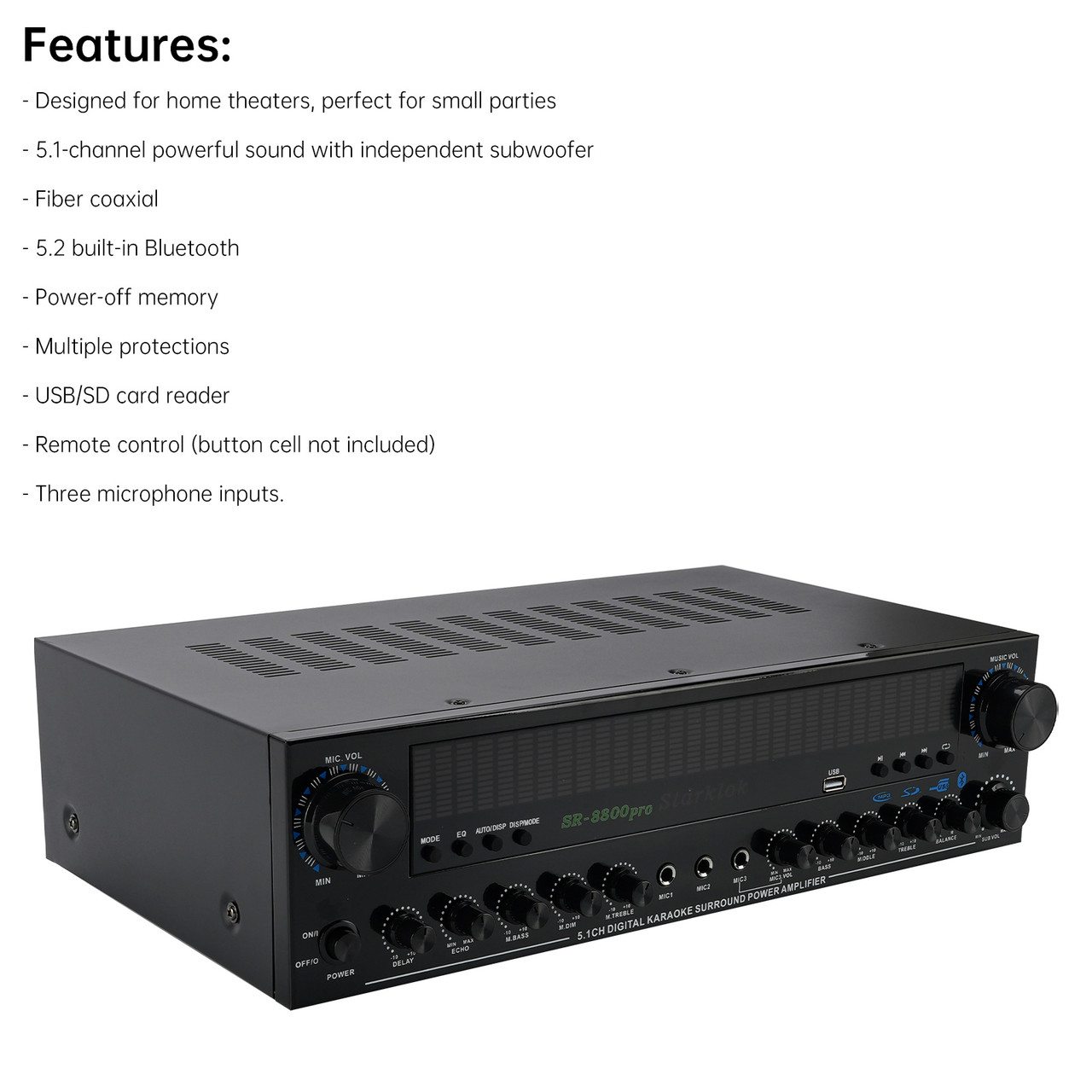 3600W Peak Stereo HiFi Power Bluetooth Amplifier High-Power 5.1 Subwoofer Home