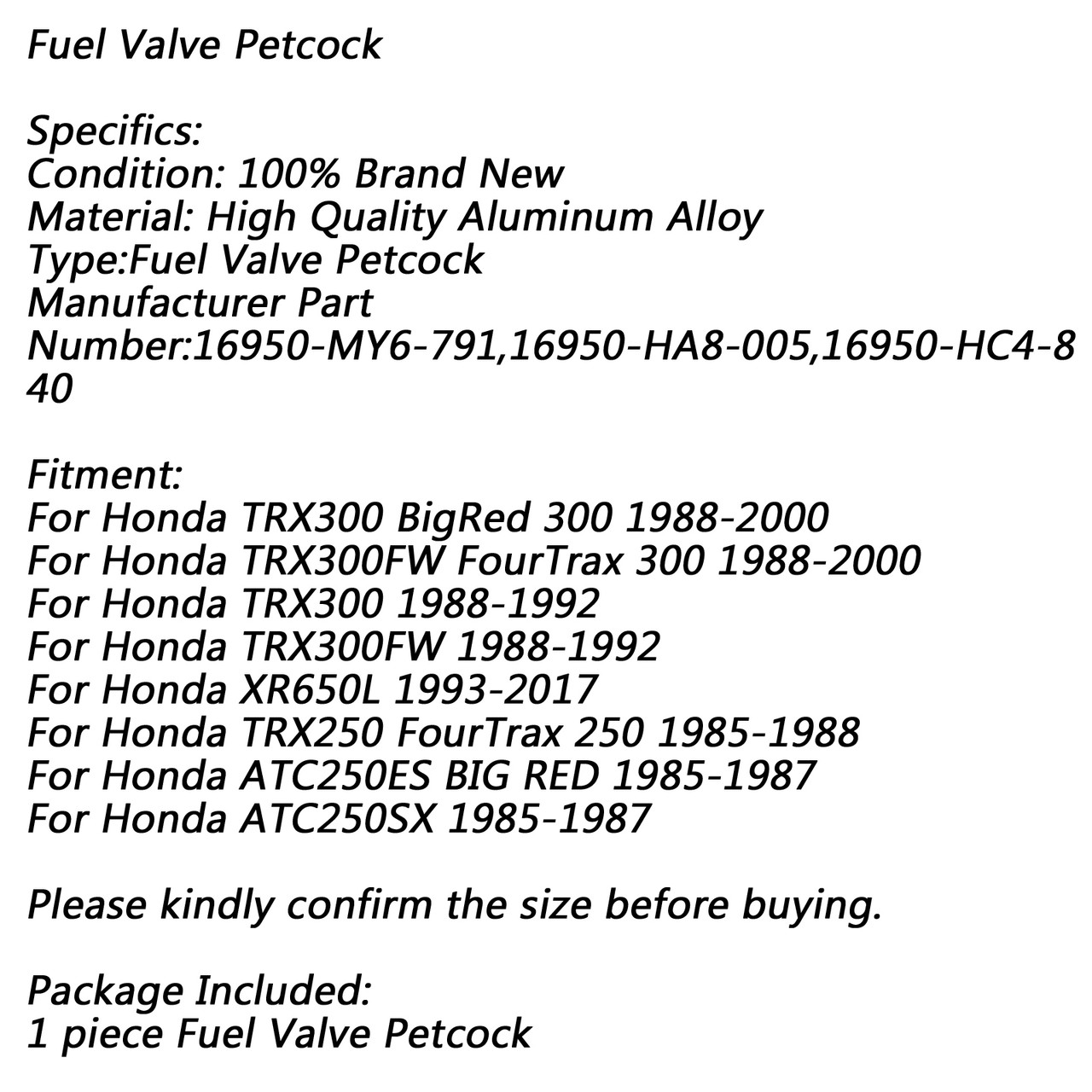 Gas Fuel Petrol Valve Petcock For Honda TRX300 250 XR650L ATC250 16950-MY6-791