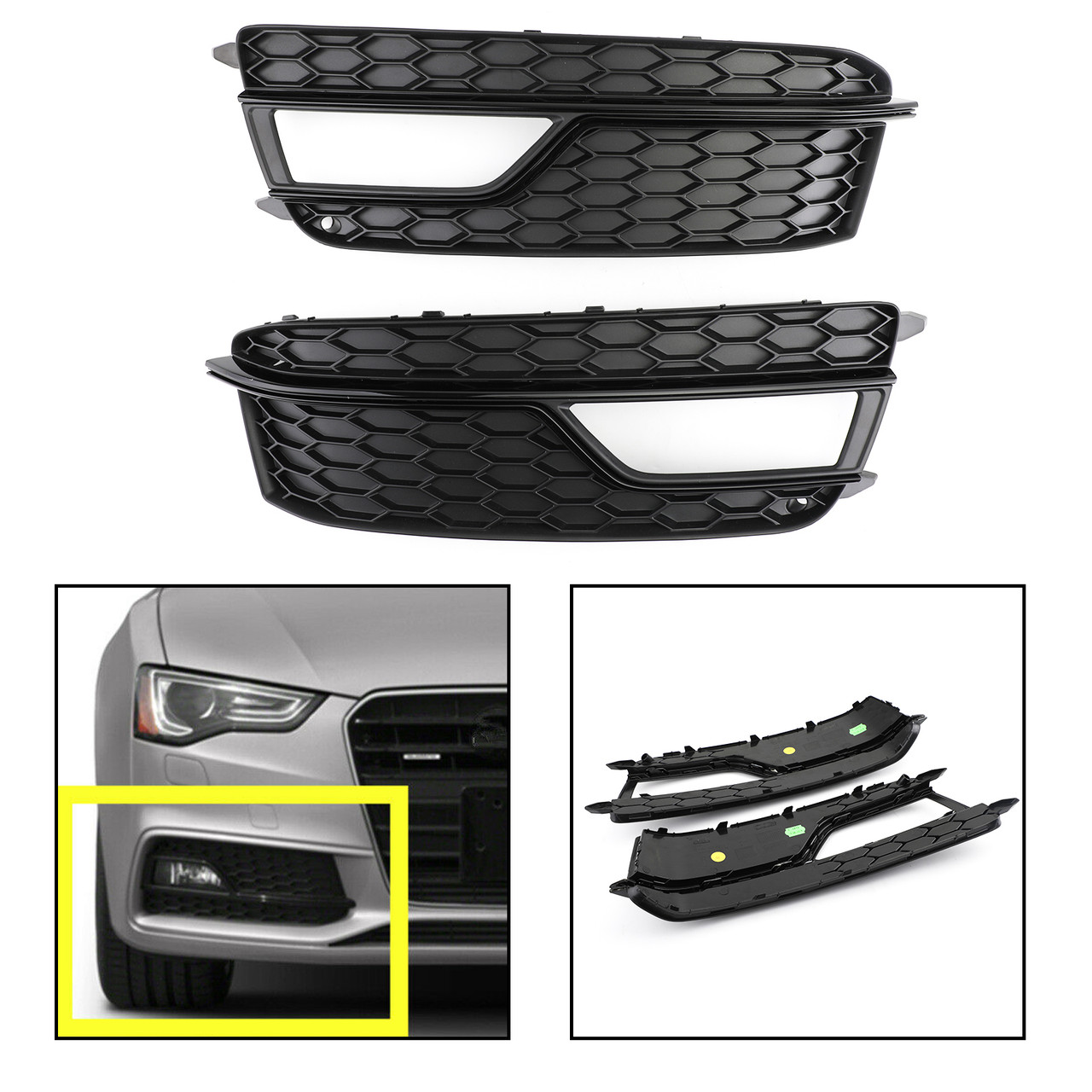Pair Front Fog Lamp Black Trim Grills Grill Fit AUDI A5 S-Line S5 2013-2016