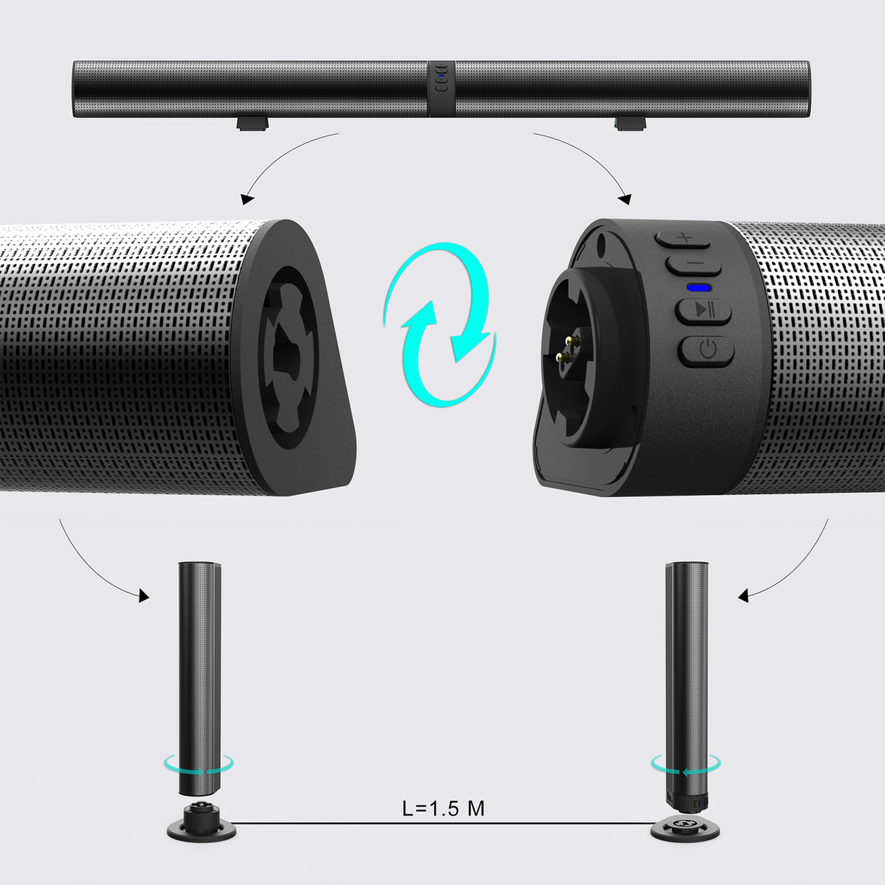 Detachable Surround Sound Bar Wireless Subwoofer 2 Speaker System Home Theater