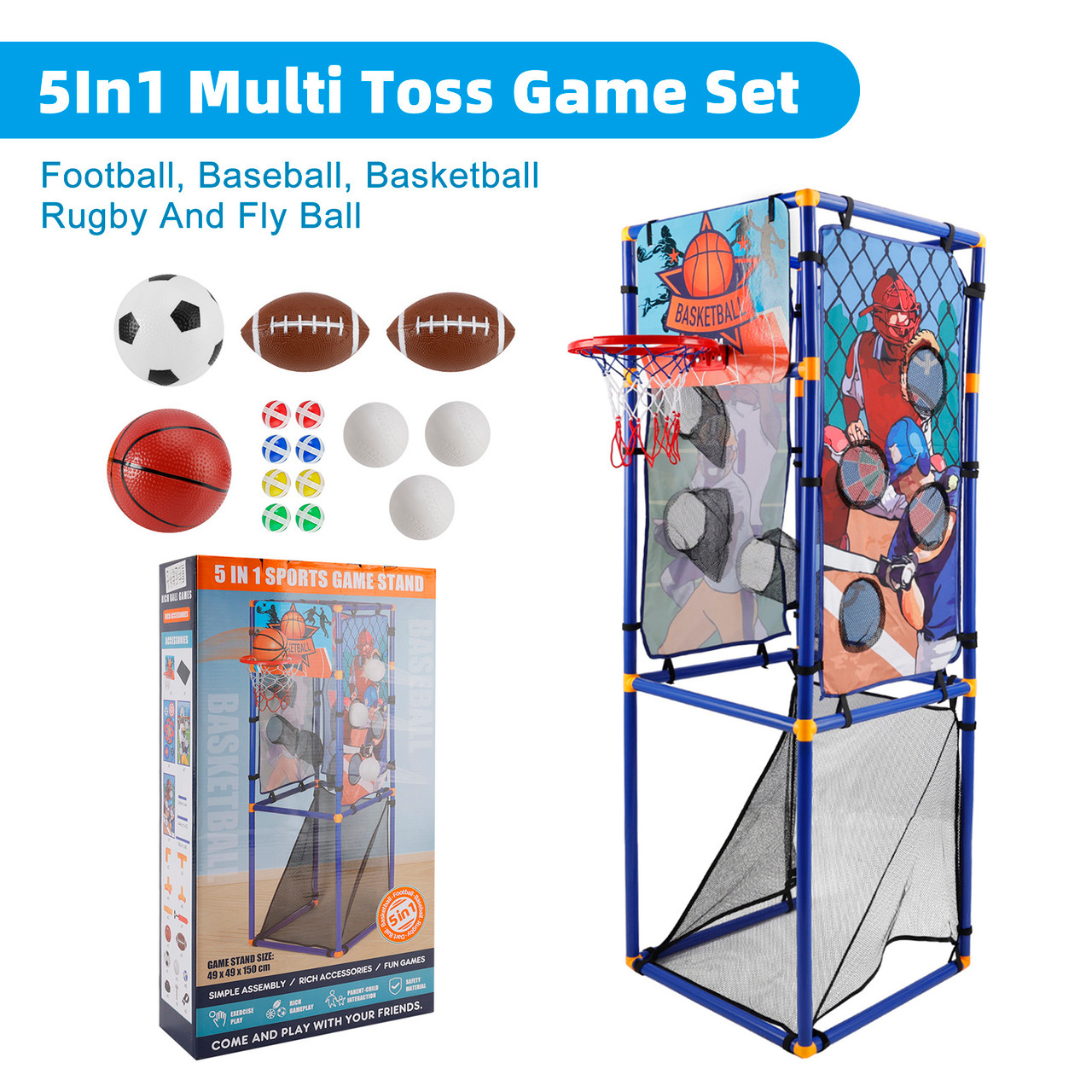 5In1 Multi Toss Game Set Play Football,Baseball,Basketball,Rugby And Fly Ball