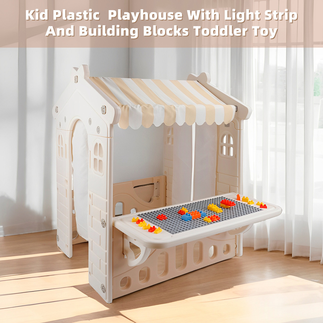 Kid Plastic Outdoor Playhouse With Light Strip And Building Blocks Toddler Toy