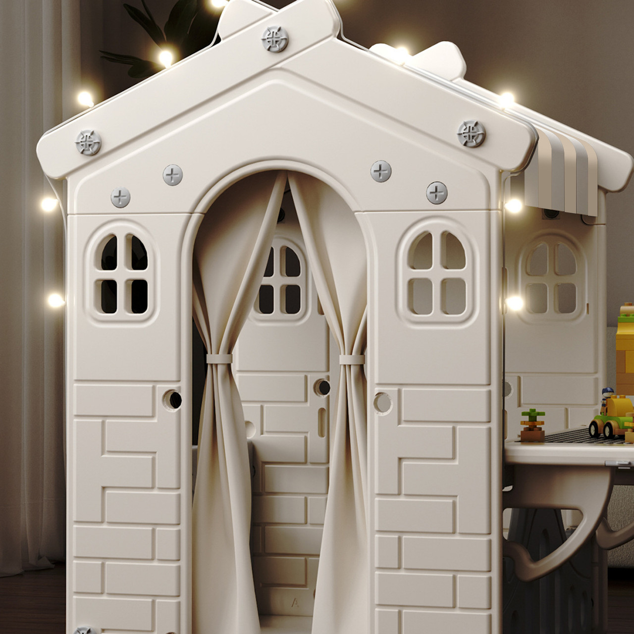 Kid Plastic Outdoor Playhouse With Light Strip And Building Blocks Toddler Toy