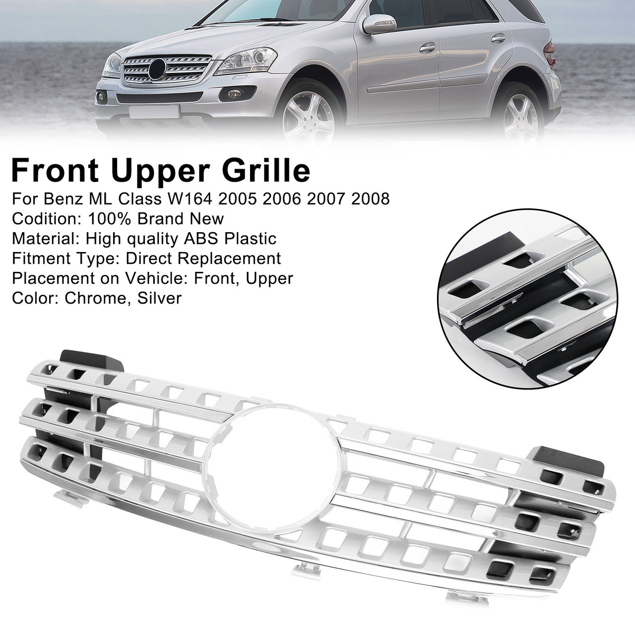 Front Grille Grill Fit Mercedes-Benz ML-Class W164 2005-2008 Chrome