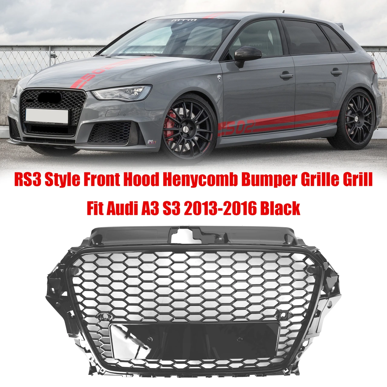 RS3 Style Front Hood Henycomb Bumper Grille Grill Fit Audi A3 S3 2013-2016 Black