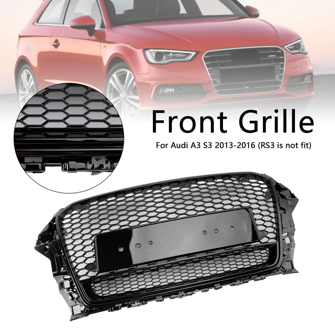 RS3 Style Front Henycomb Bumper Grill Grille Fit Audi A3 S3 2013-2016 W/Quattro