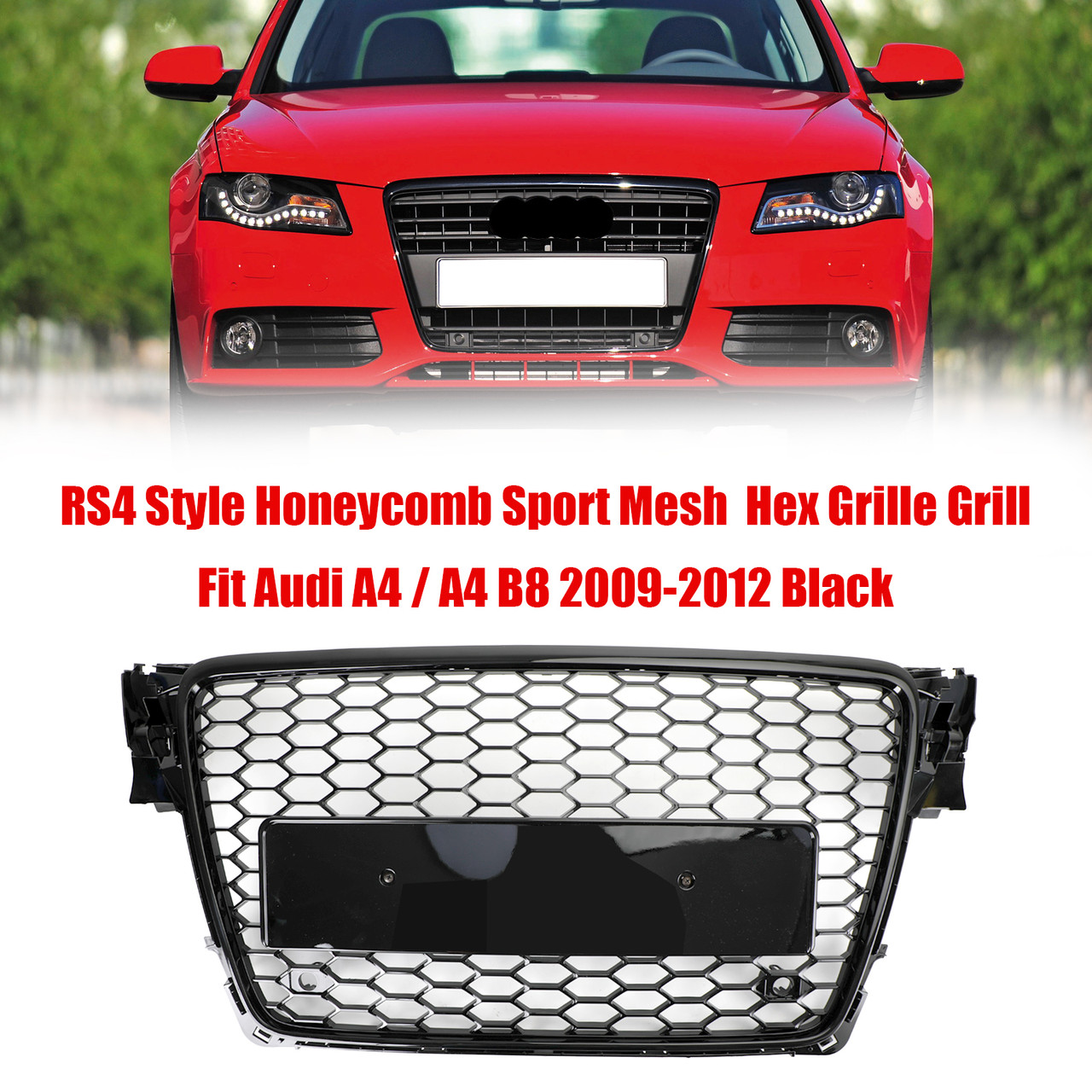RS4 Style Honeycomb Sport Mesh Hex Grille Grill Fit Audi A4/S4 B8 2009-2012