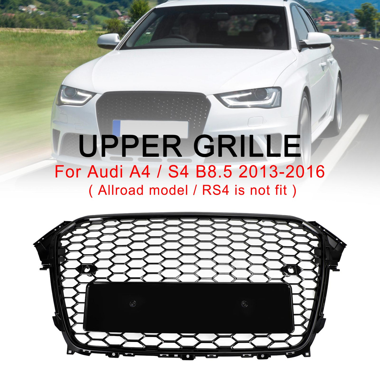 RS4 Style Mesh Front Bumper Grille Grill Fit Audi A4 S4 2013-2016 Gloss Black