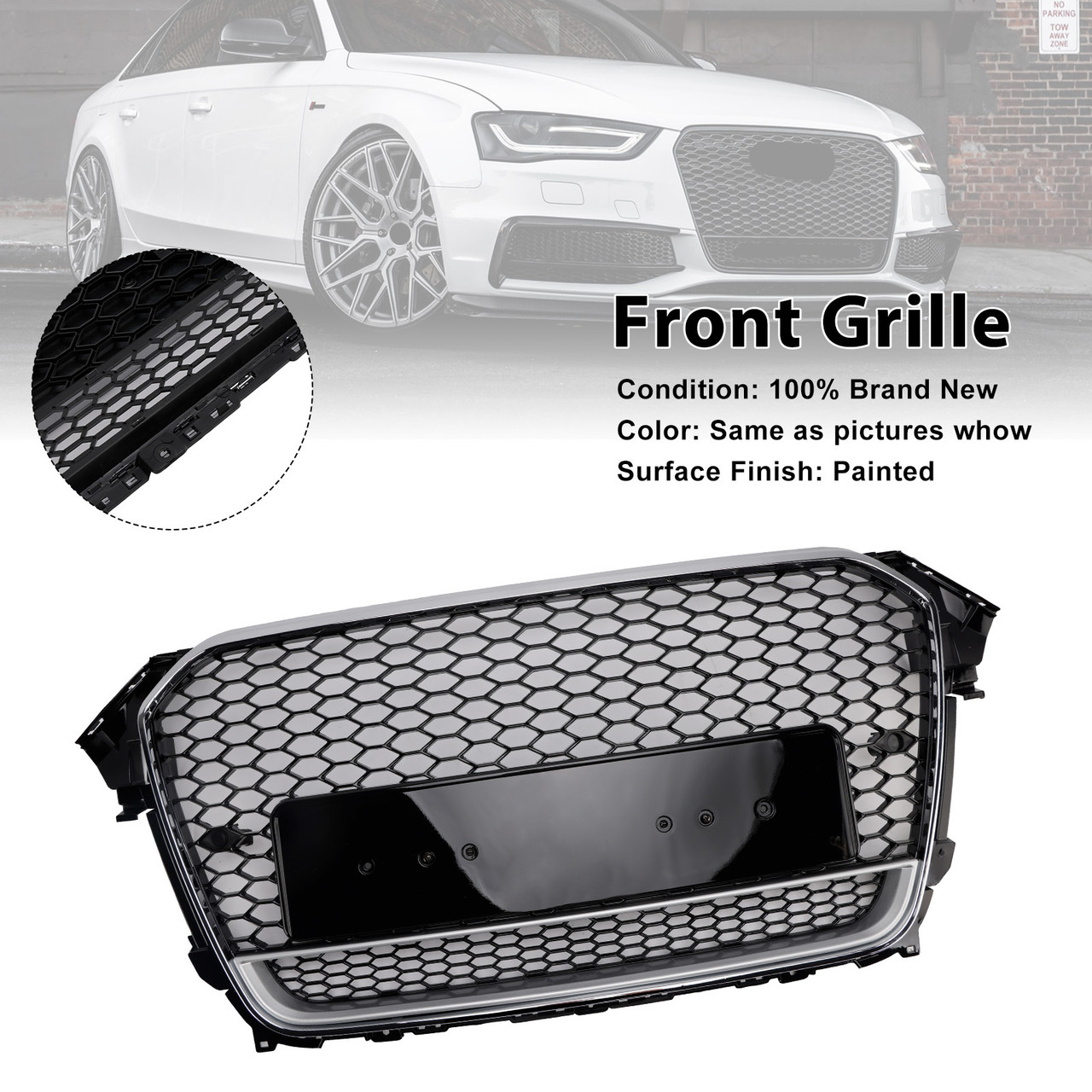 RS4 Style Front Bumper Grille Grill Fit Audi A4 S4 B8.5 2013-2016 w/ Quattro
