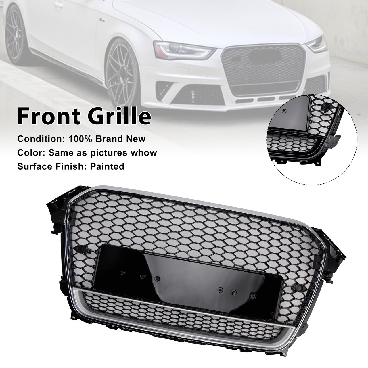 RS4 Style Front Bumper Grille Grill Fit Audi A4 S4 B8.5 2013-2016 w/ Quattro