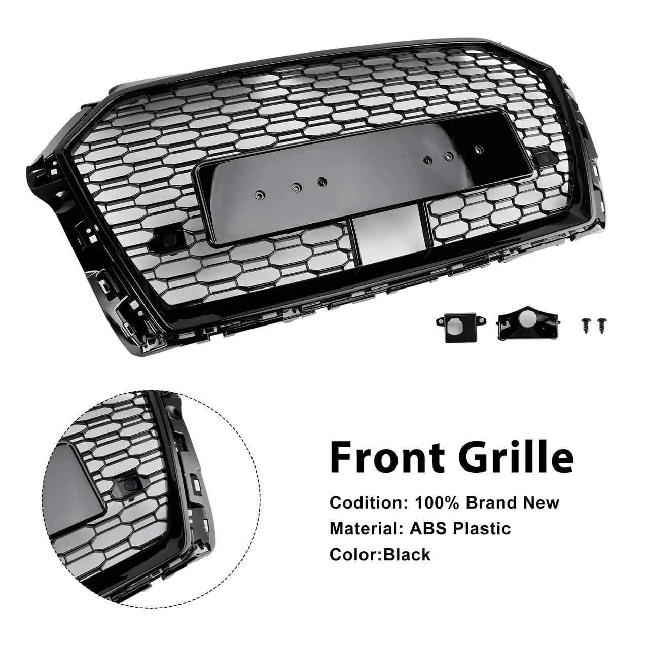 RS3 Style Honeycomb Front Grille Grill Fit Audi A3 S3 2017-2019 W/ACC Black