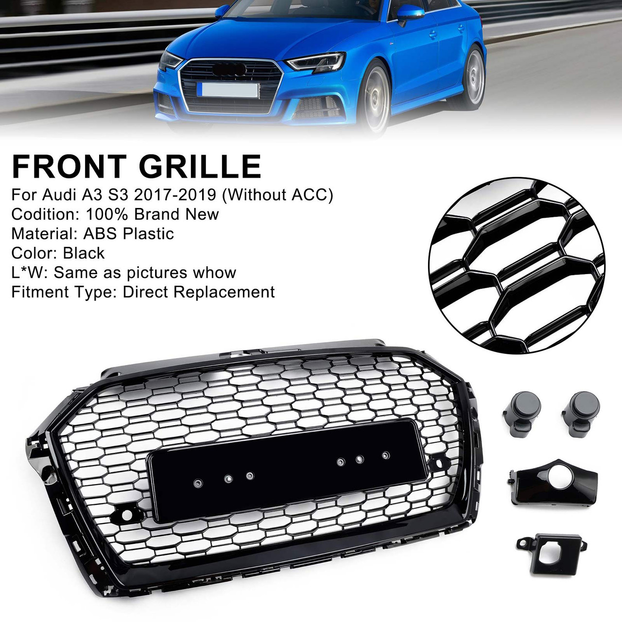 Honeycomb Mesh Front Bumper Grille Fit Audi A3 8V 2017-2019 RS3 Style Black
