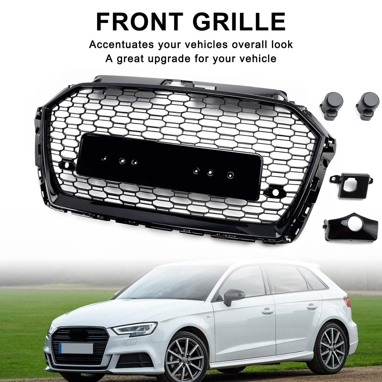 Honeycomb Mesh Front Bumper Grille Fit Audi A3 8V 2017-2019 RS3 Style Black