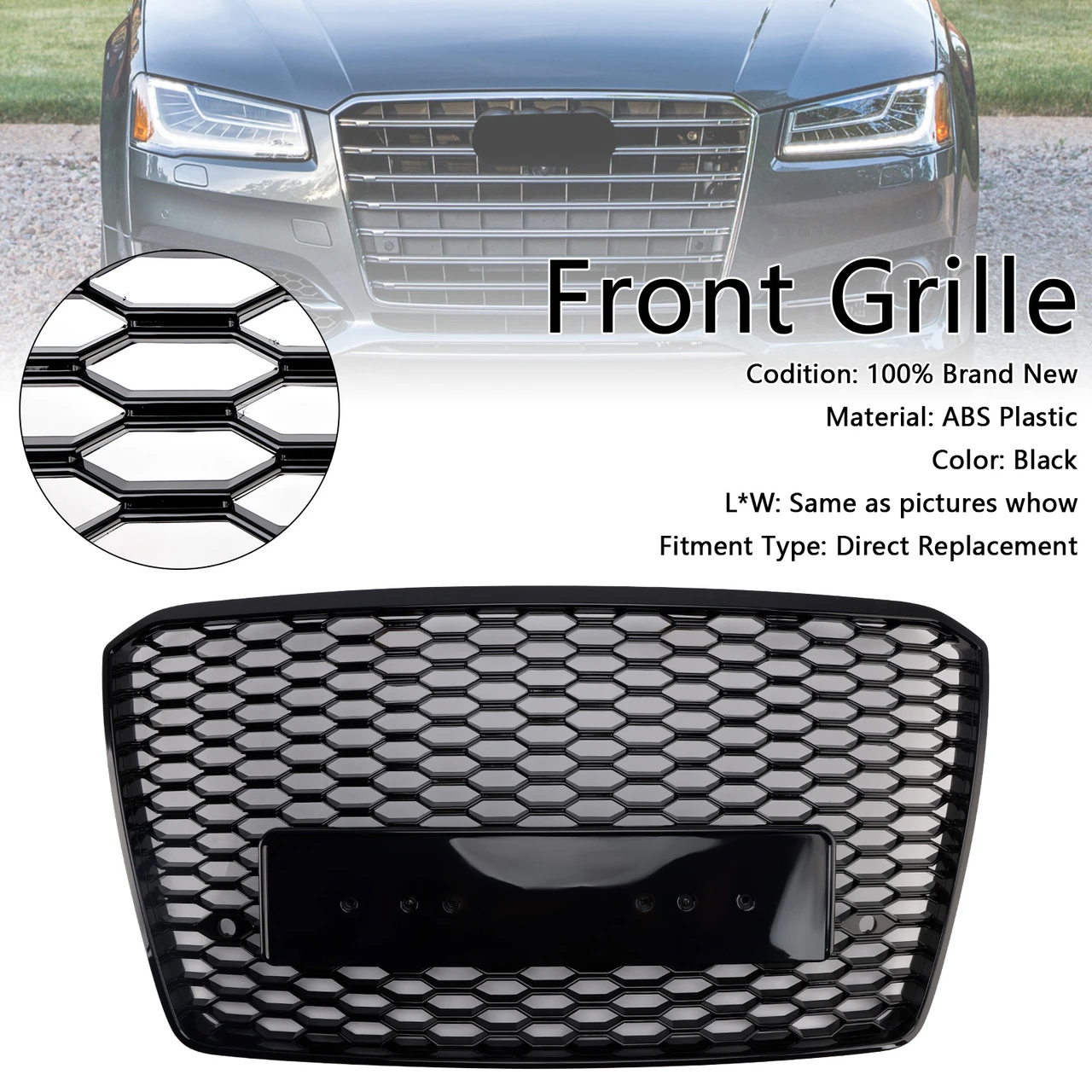 RS8 Style Front Bumper Grille Honeycomb Grill Fit Audi A8 S8 2015-2017 Black