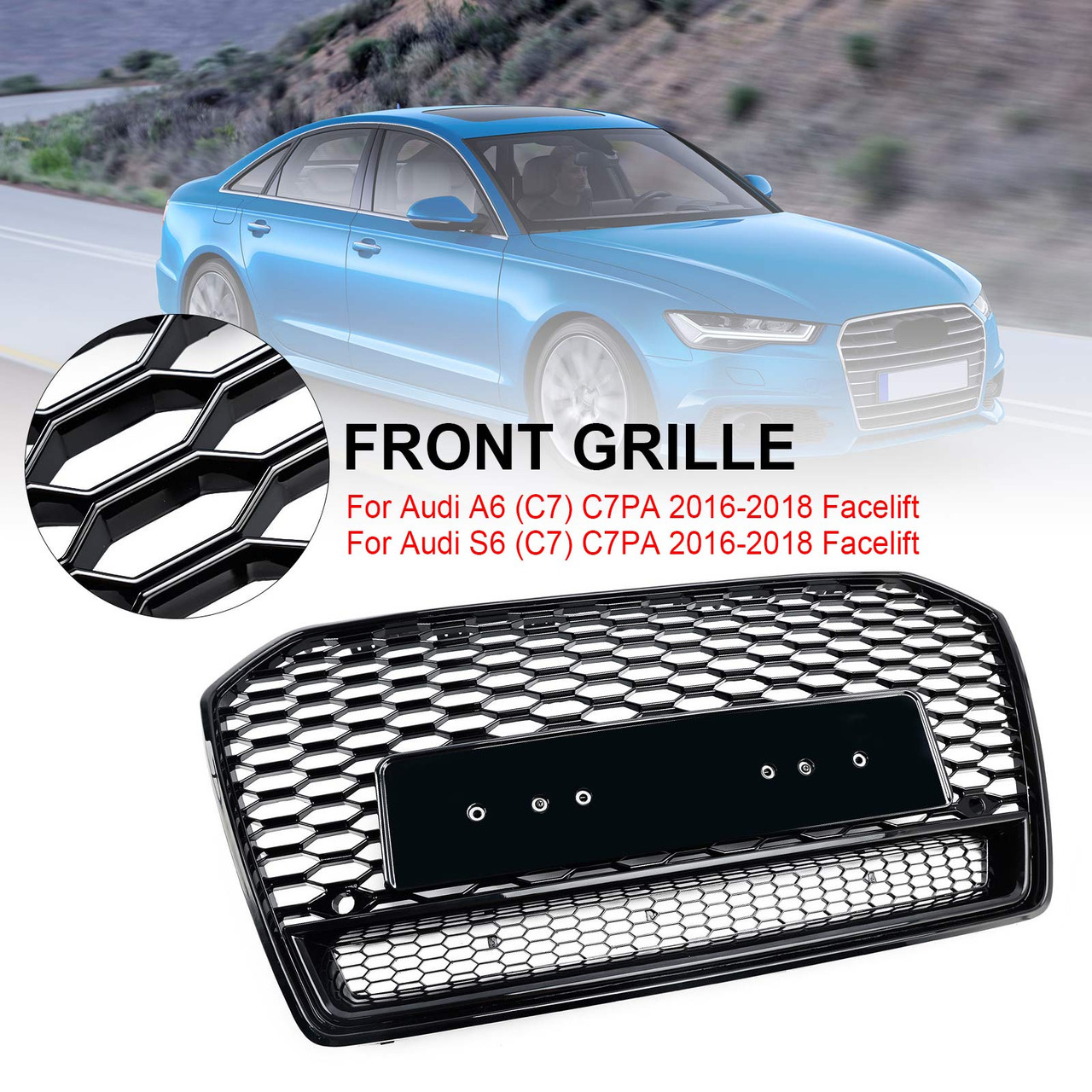 RS6 Style Honeycomb Mesh Front Grill Grille Fit Audi A6 S6 C7 2016-2018 Black
