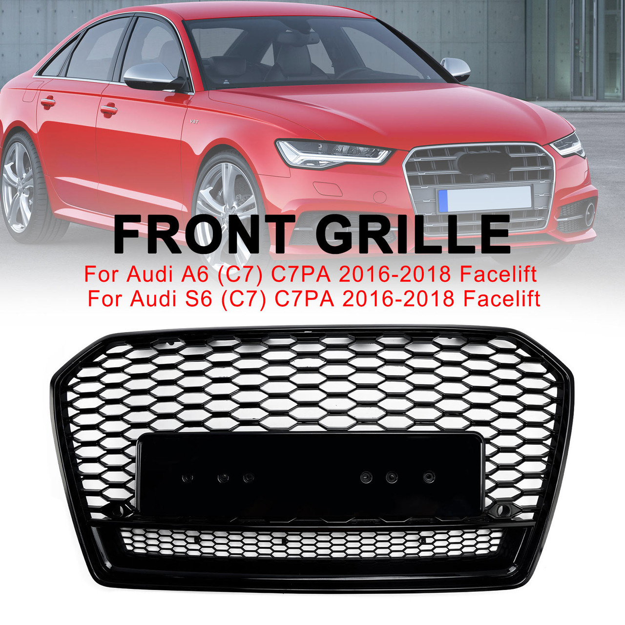 RS6 Style Honeycomb Mesh Front Grill Grille Fit Audi A6 S6 C7 2016-2018 Black