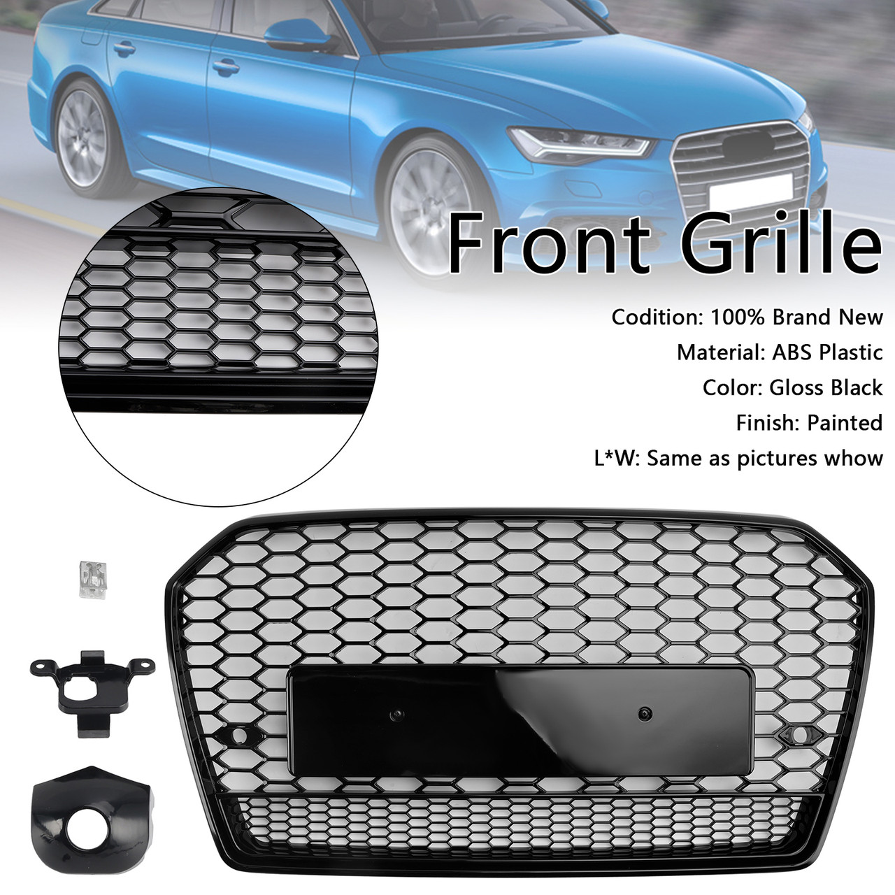 RS6 Style Honeycomb Mesh Front Grille Grill Fit Audi A6 S6 C7 2016-2018 Black