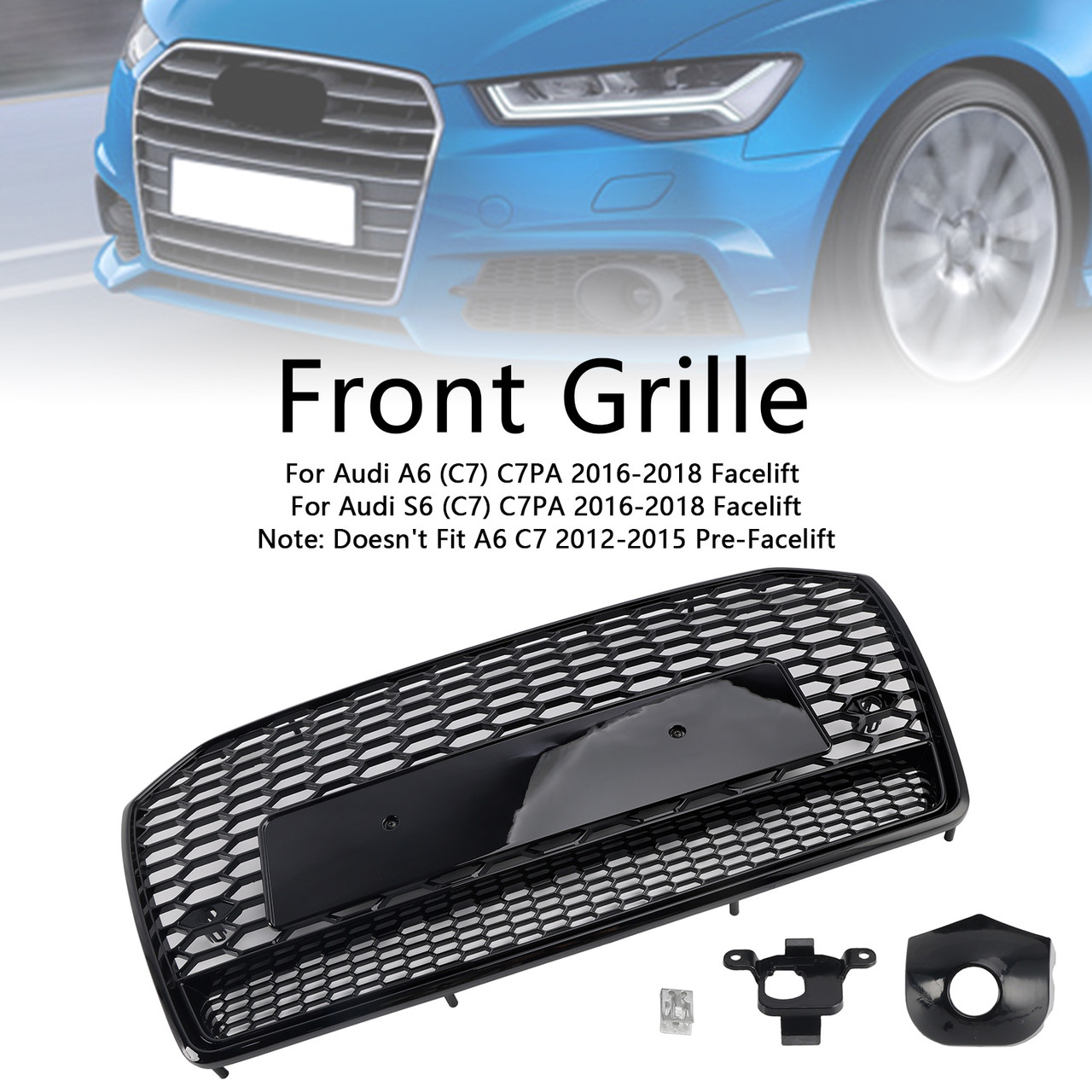 RS6 Style Honeycomb Mesh Front Grille Grill Fit Audi A6 S6 C7 2016-2018 Black