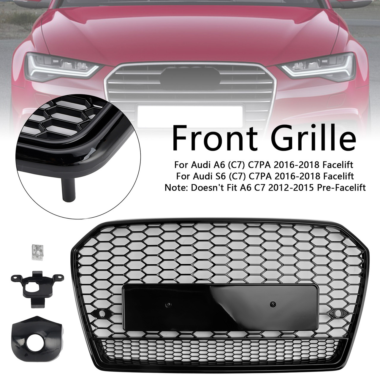 RS6 Style Honeycomb Mesh Front Grille Grill Fit Audi A6 S6 C7 2016-2018 Black