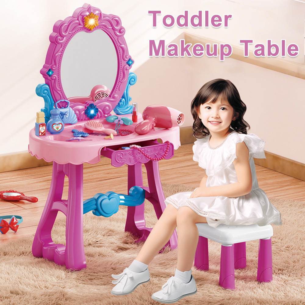Toddler Makeup Table with Mirror and Chair Kids Vanity Set with Blowdryer for 3+