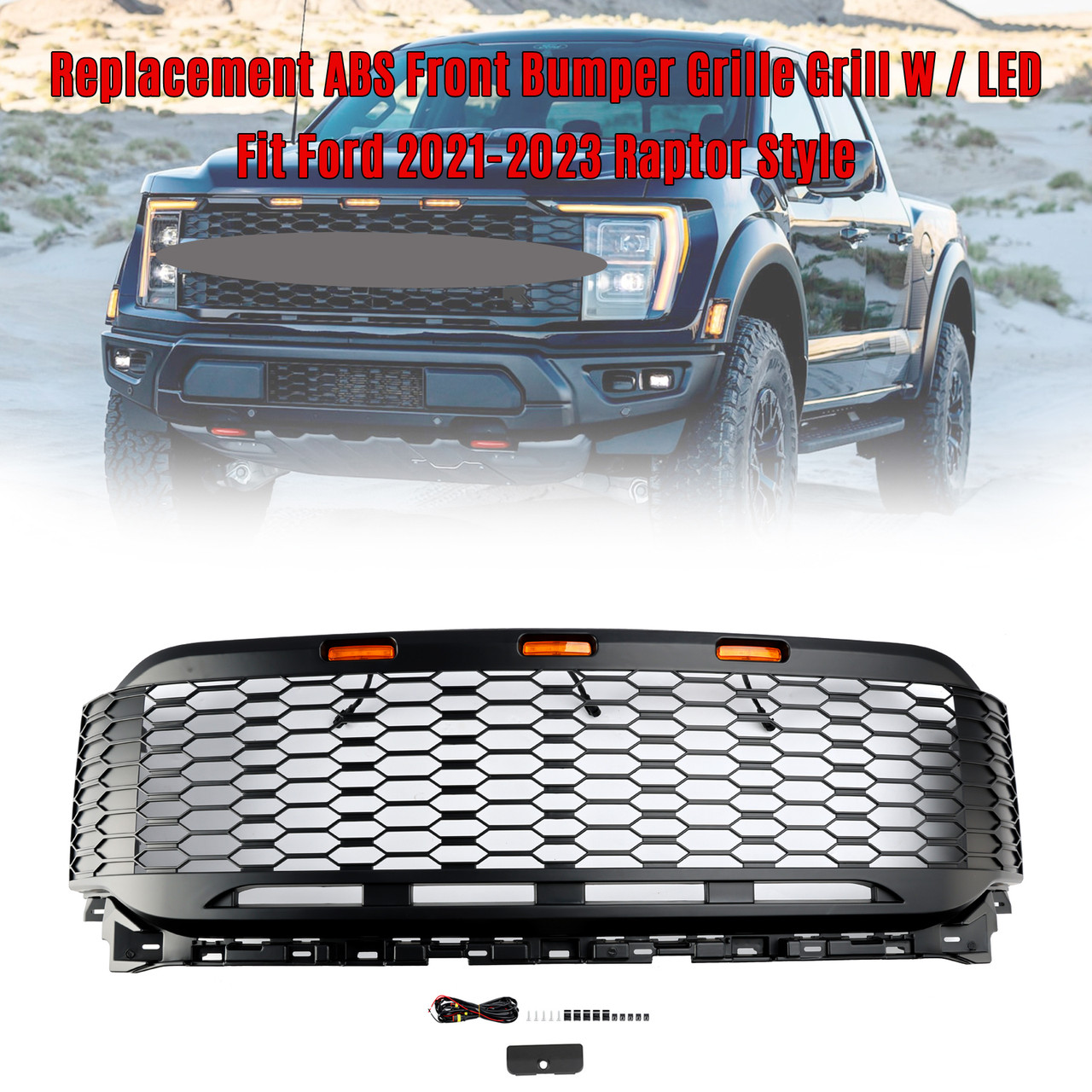 ABS Front Honeycomb Bumper Grill Grille Fit Ford F150 2021-2023 Raptor W/ LED