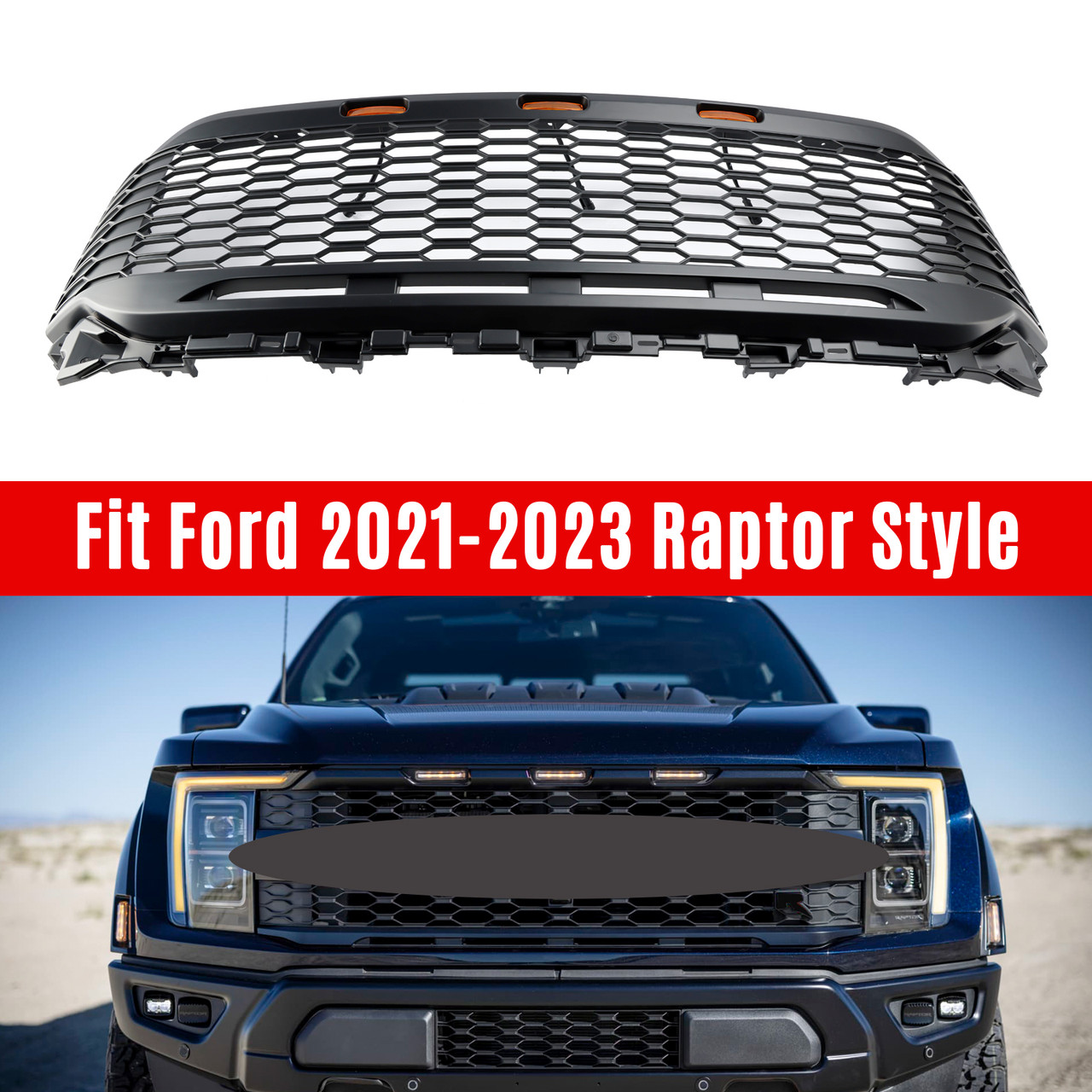 ABS Front Honeycomb Bumper Grill Grille Fit Ford F150 2021-2023 Raptor W/ LED