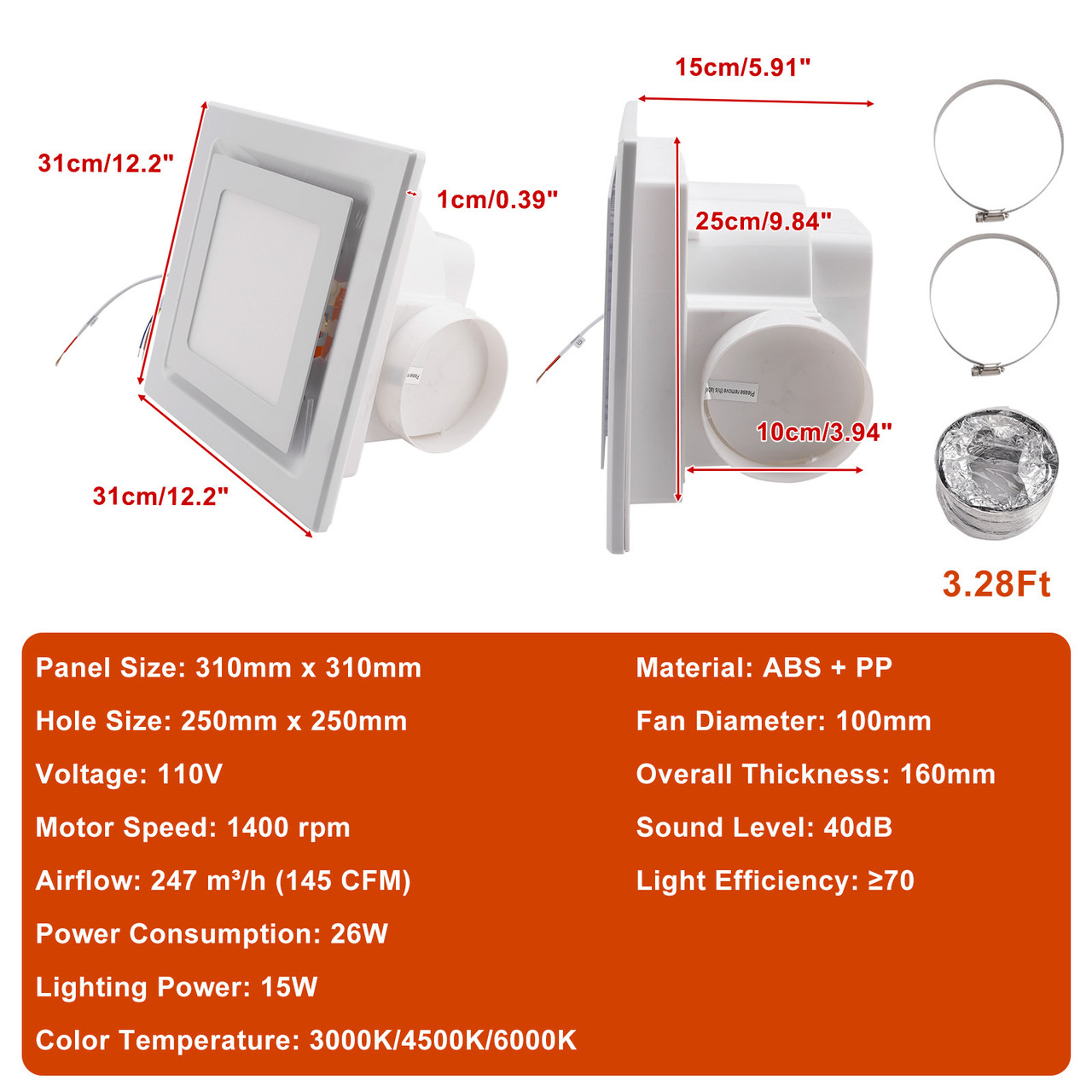 145 CFM 12" Bathroom Exhaust Fan 1.5sones Bath Fan Low Noise with Light