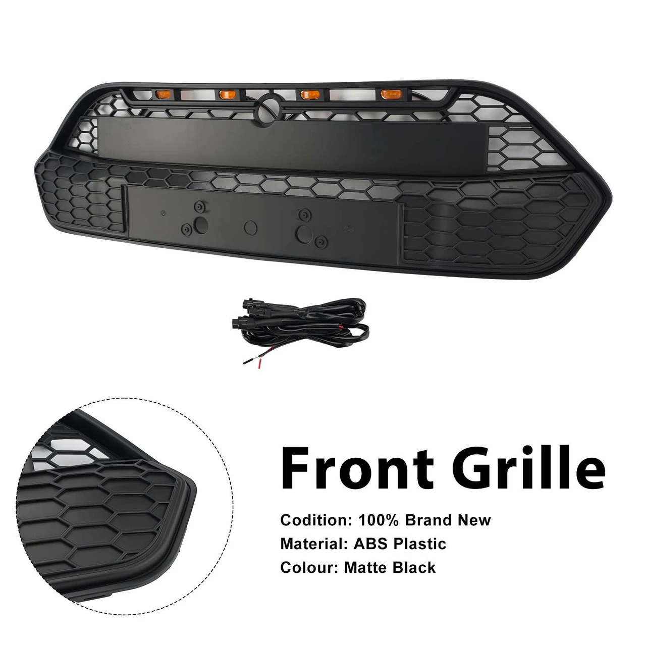 Matte Black Front Bumper Grille Grill Fit Ford Transit Custom 2013-2017 W/LED