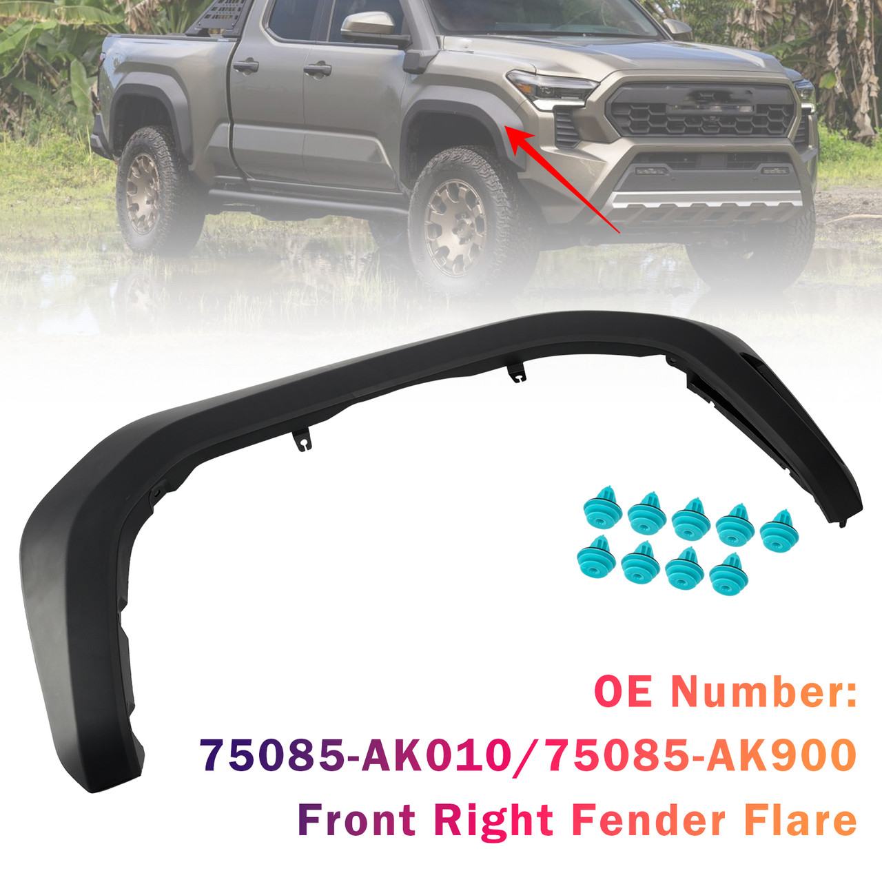 Front Right Fender Flare 75085-AK900 With Clips For Toyota Tacoma 2024-2026